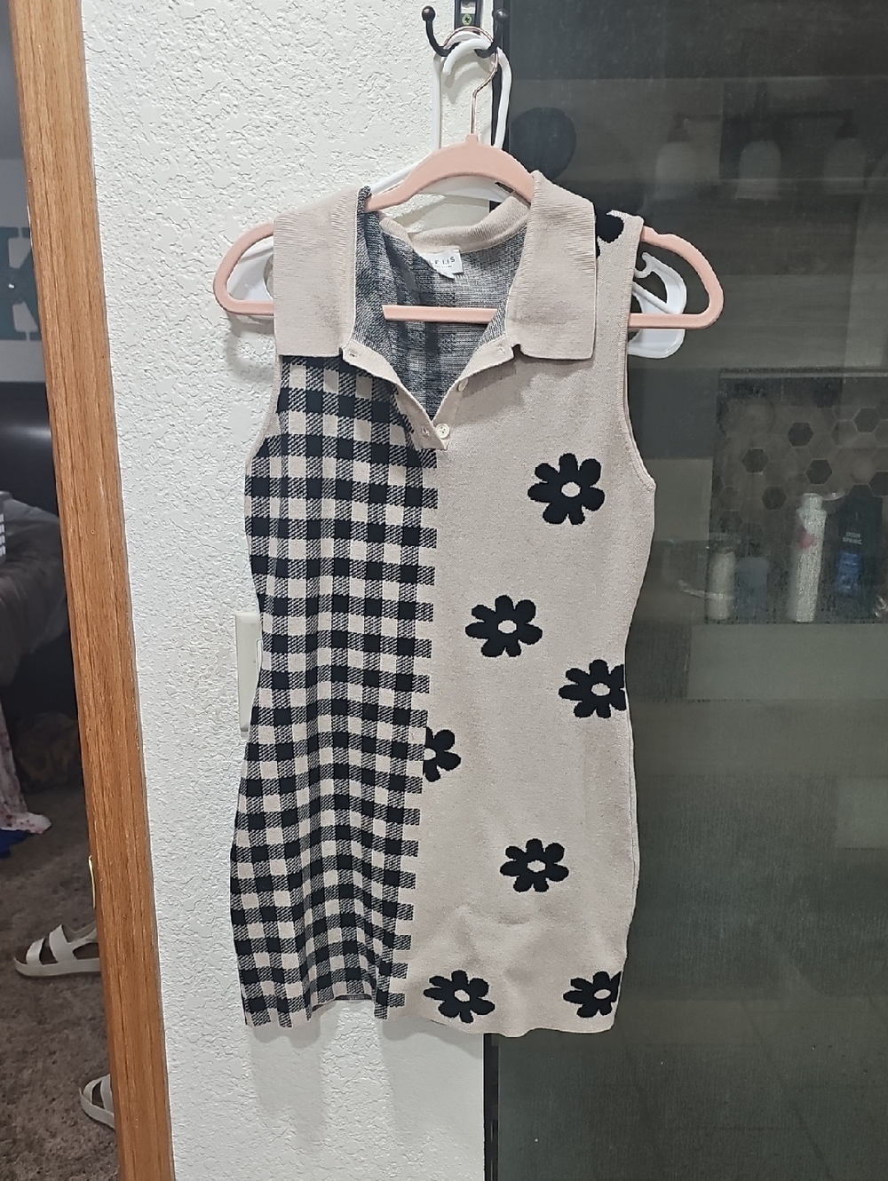 Sleeveless Collared Knit Dress with Gingham & Floral Panels - Beige & Black